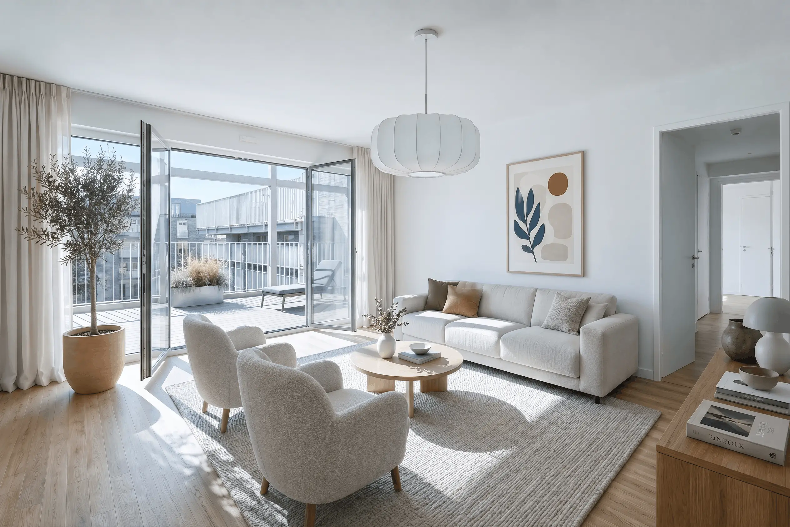Salon lumineux avec canapé beige, deux fauteuils bouclette, table basse ronde en bois et baies vitrées ouvrant sur une terrasse