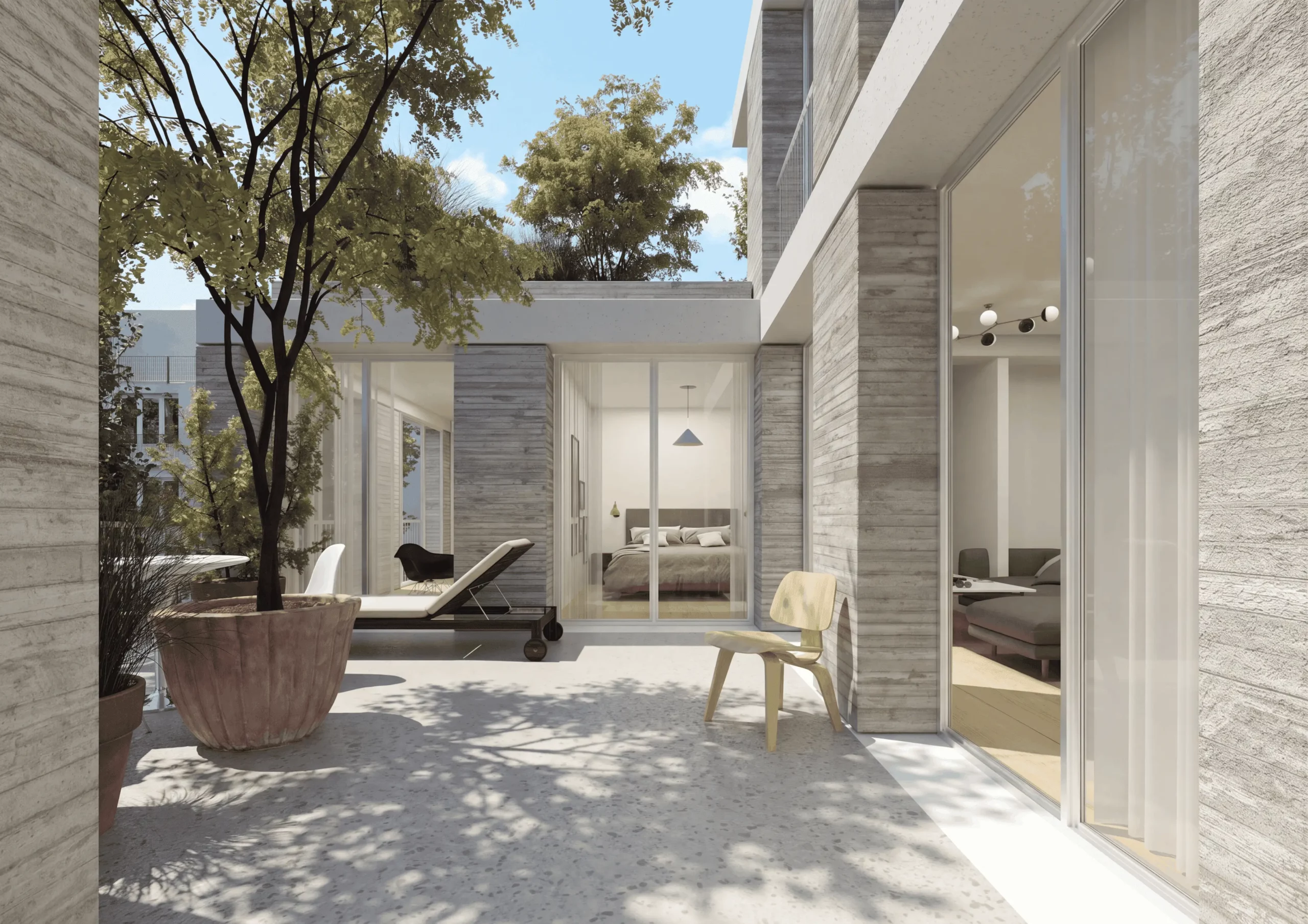 Patio privatif avec sol en terrazzo, bain de soleil, chaise en bois clair et grandes baies vitrées ouvrant sur chambre et salon