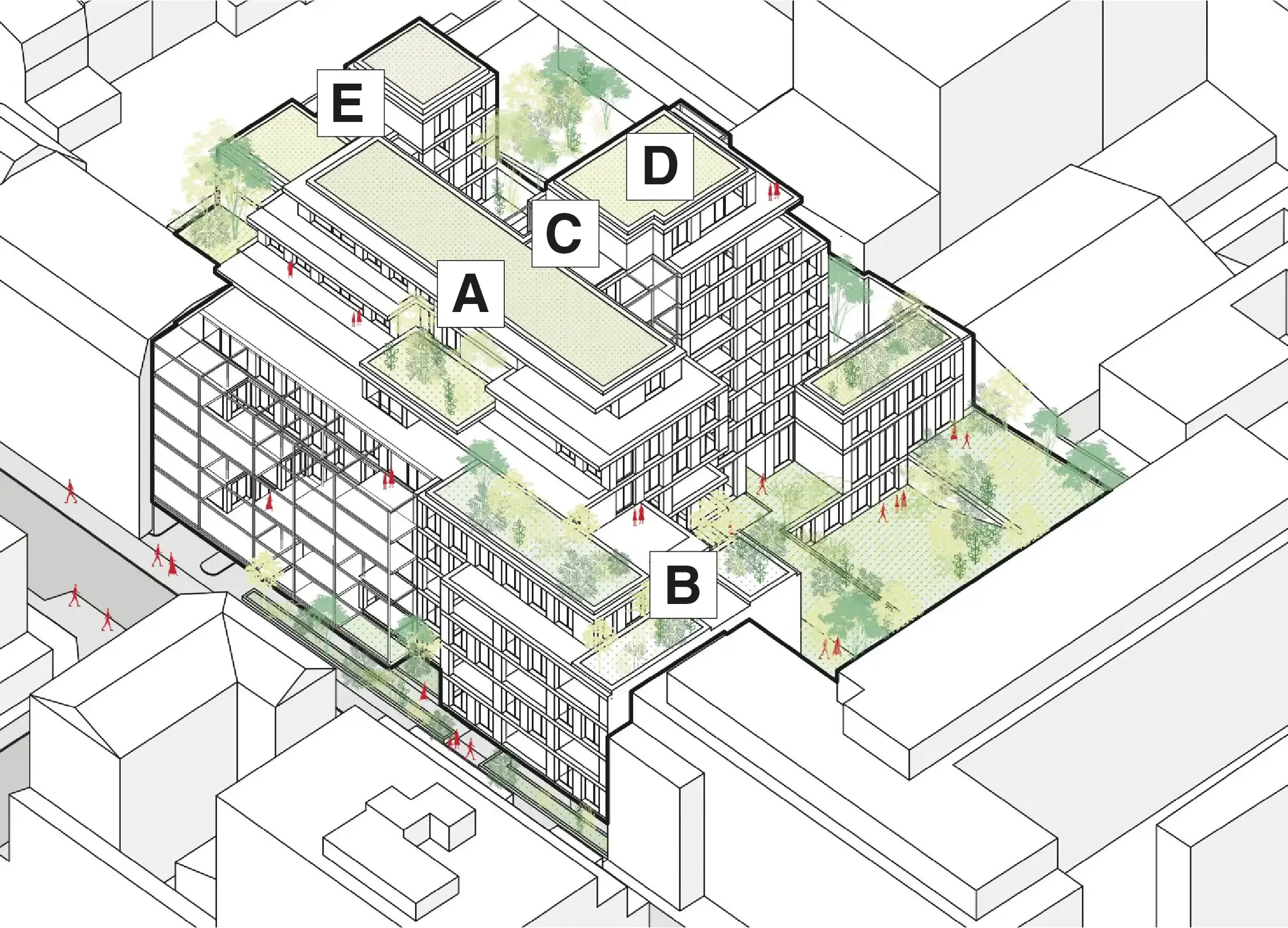 Vue axonométrique d'un plan masse architecturale avec cinq bâtiments labellisés A à E, toitures végétalisées et espaces piétons